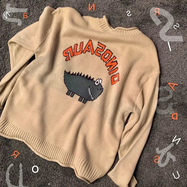Cartoon Letter Sweater, Jacquard Dinosaur Sweater
