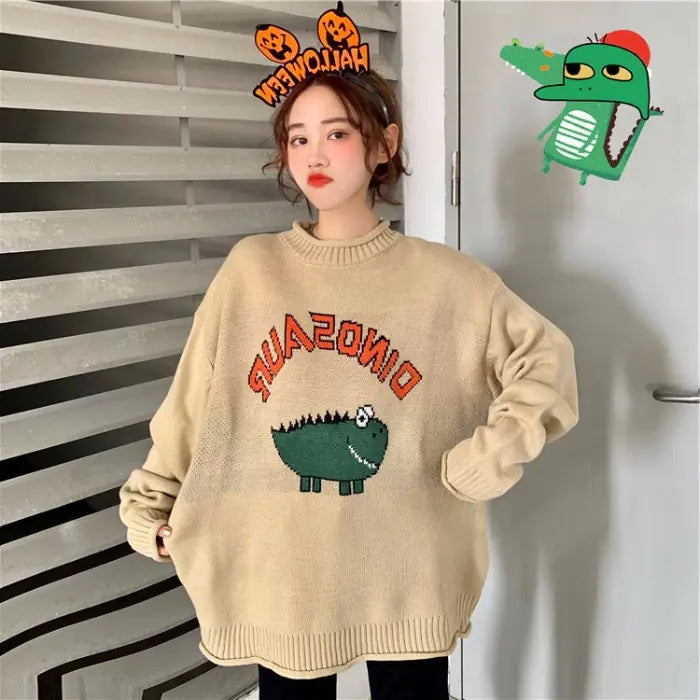 Cartoon Letter Sweater, Jacquard Dinosaur Sweater