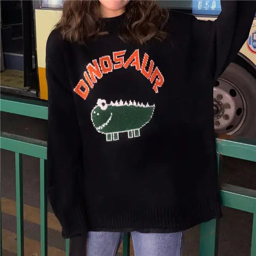 Cartoon Letter Sweater, Jacquard Dinosaur Sweater