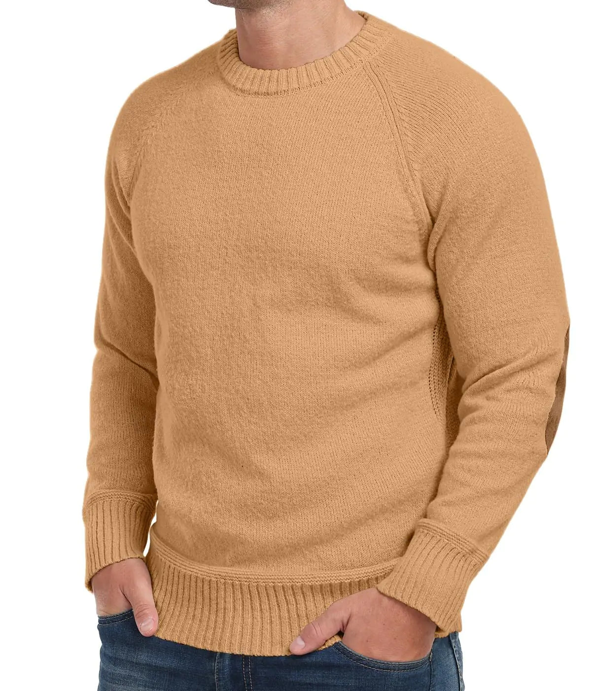 Cable Knit Sweater MenLong Sleeve Casual Fishmen Sweater Fit Pullover Sweater with Elbow Patches Camel-S
