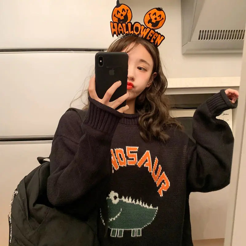Cartoon Letter Sweater, Jacquard Dinosaur Sweater