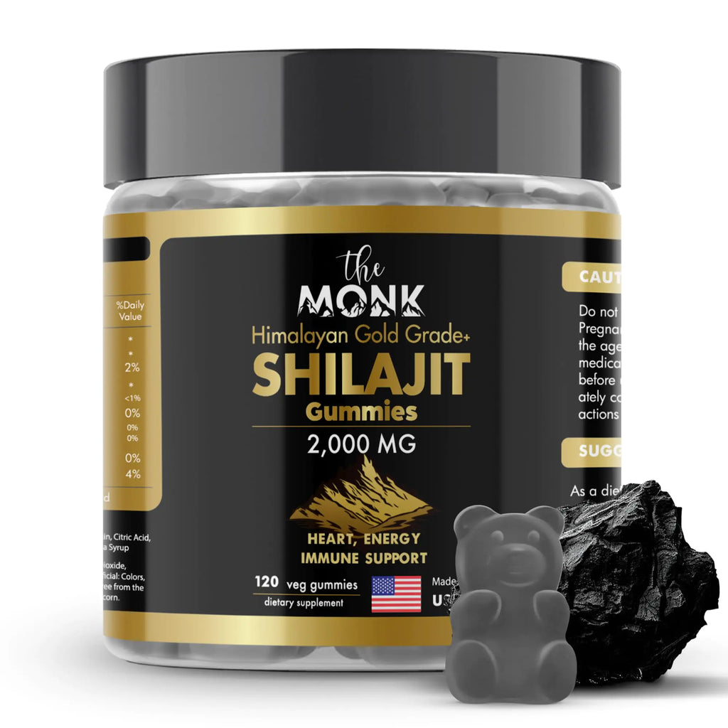 THE MONK Organic Himalayan Shilajit Gummies with Fulvic Acid Humic Acid 85+ Minerals- Gold Grade Plus - Same as Resin - Energy Stamina Brain Gut - 2000mg 120 Ct - Made in The USA