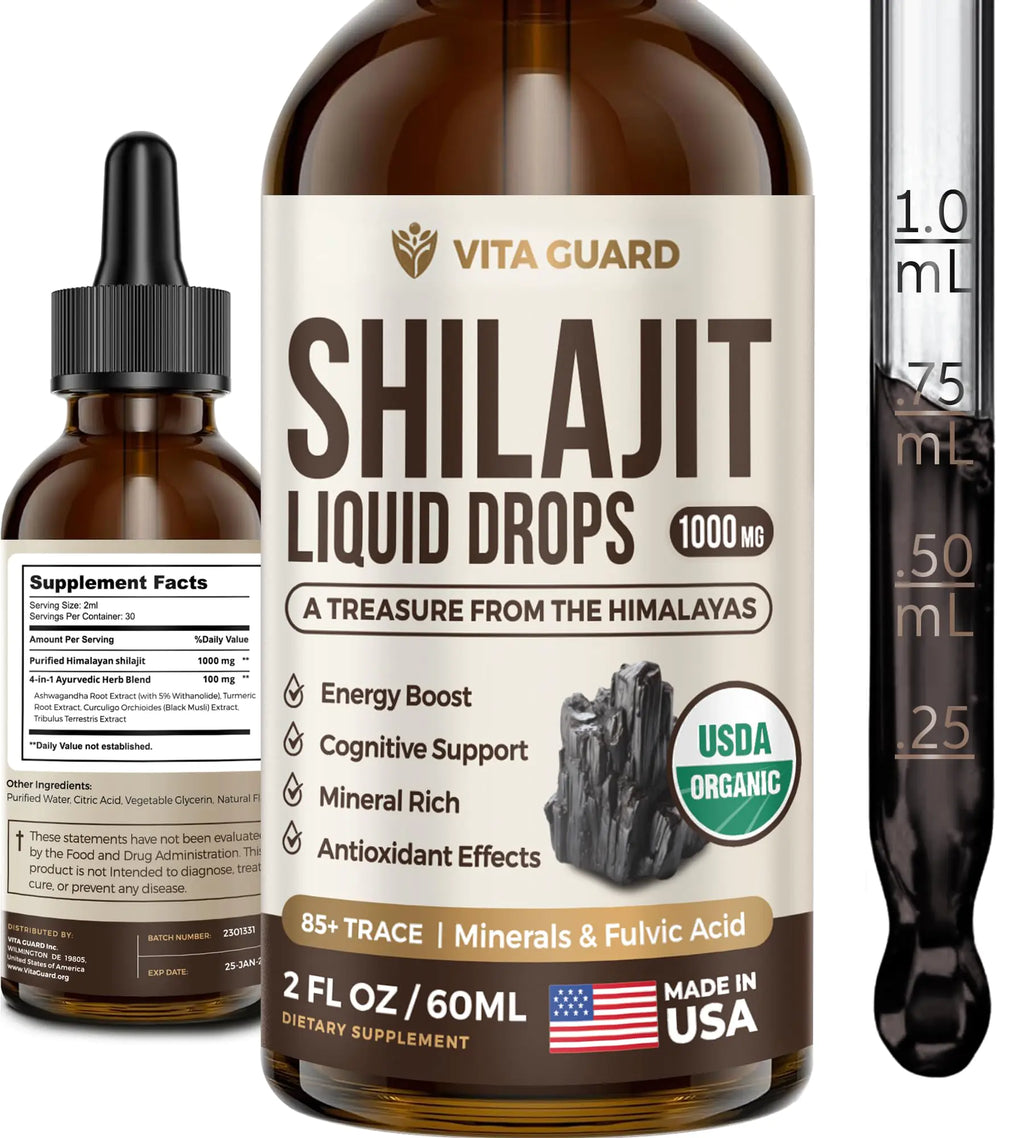 1000mg Pure Himalayan Shilajit Liquid - Organic Energy & Immunity Drops with 85+ Trace Minerals & Fulvic Acid - Boost Strength Detox & Vitality - 30 Day Supply
