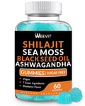 Shilajit Sea Moss Black Seed Oil Ashwagandha Gummies with Vitamin C D for Adults All in 1 Supplements Advanced Strength Formula for Immune Absorption & Energy Support