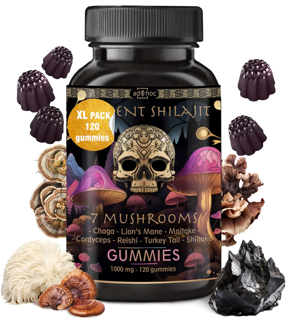 ad hoc Shilajit Pure Himalayan Organic Gummies - Immune Support Energy Support Supplements - Shilajit Resin Lions Mane Cordyceps Reishi Turkey Tail ChagaShiitake Mushroom Gummies (120 Ct)