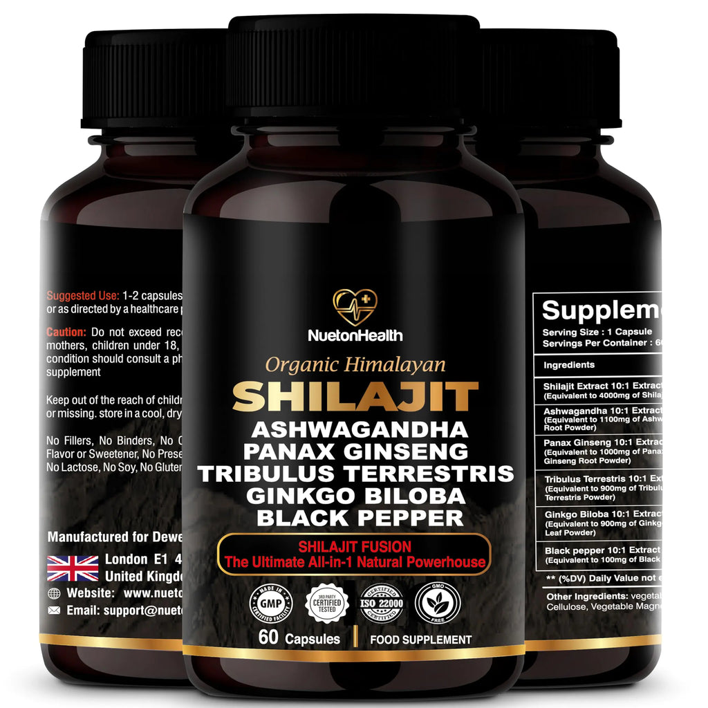 NUETONHEALTH Himalayan Shilajit Capsules with Ashwagandha Ginseng Tribulus Ginkgo & Black Pepper – Vegan Gluten-Free Shilajit for Energy Focus Vitality & Immune Support – 60 Gold Capsules