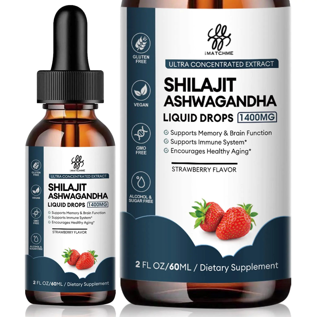 Shilajit Liquid Drop 1400MG with Ashwagandha for Enhanced Energy and Immune Support Shilajit for Men Energy Booster Sugar-Free Strawberry Flavor 2 Fl Oz
