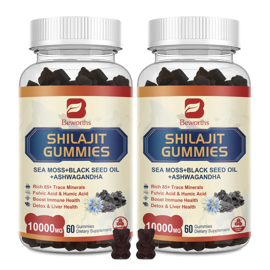 2Pack Shilajit Resin Gummies Shilajit Sea Moss Supplement with Black Seed Oil Ashwagandha Ginger Panax Ginseng Honey Shilajit Resin with 85+ Trace Minerals & Fulvic Acid for Energy Immune Health