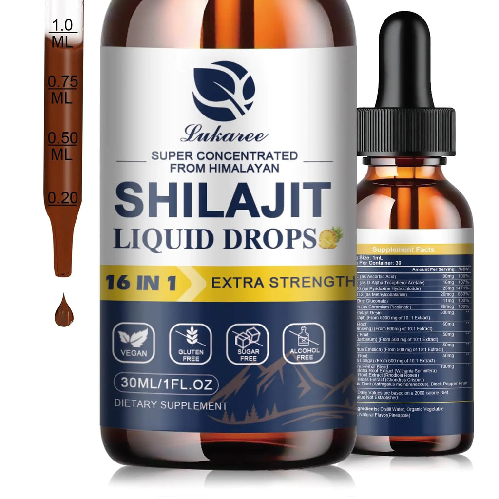 (2 Pack) 16 in 1 Shilajit Resin Liquid Drop Shilajit W/Ginseng Turmeric Rhodiola Wolfberry Amla & Vitamins Shilajit Supplement for Men & Women with 85+ Trace Minerals & Fulvic Acid 1 Fl Oz